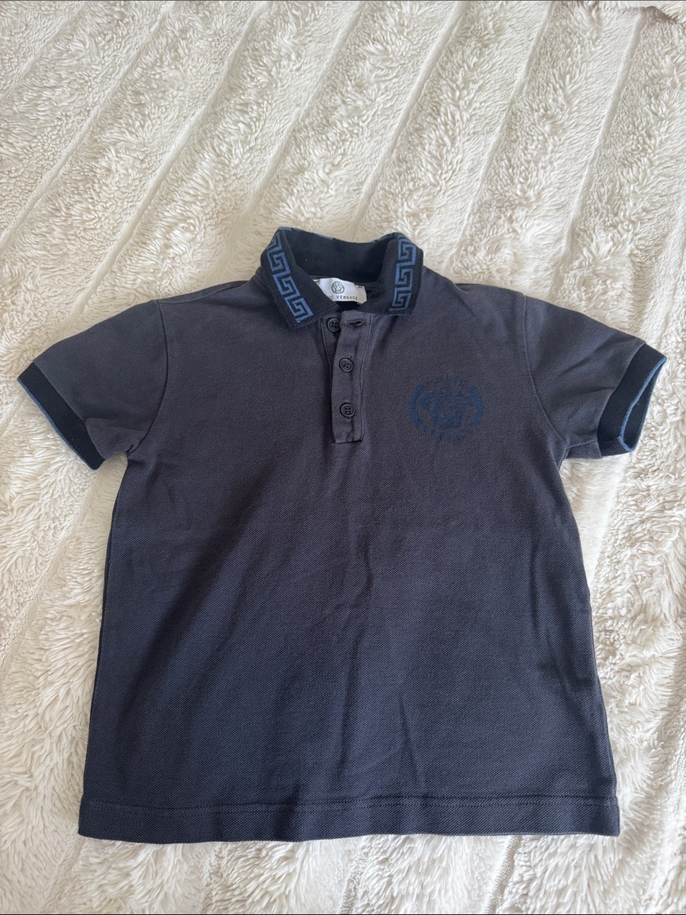 Versace Boys Navy Polo with Greek Key Collar